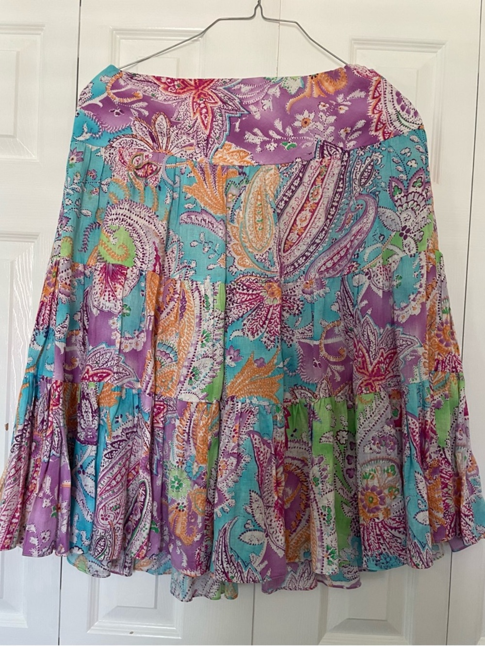 Boho Tiered Linen Paisley Midi Skirt women's M cottage core summer